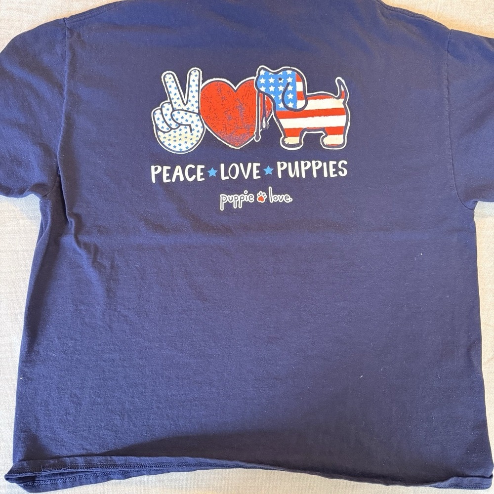 Puppie Love Peace Love Puppies USA Flag Dog T Shirt XXL Blue Graphic Tee